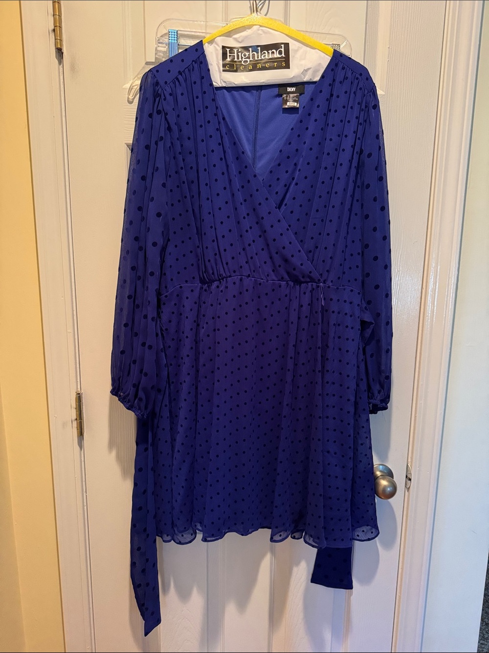 DKNY Royal Blue Long Sleeve Polka Dot Wrap Dress